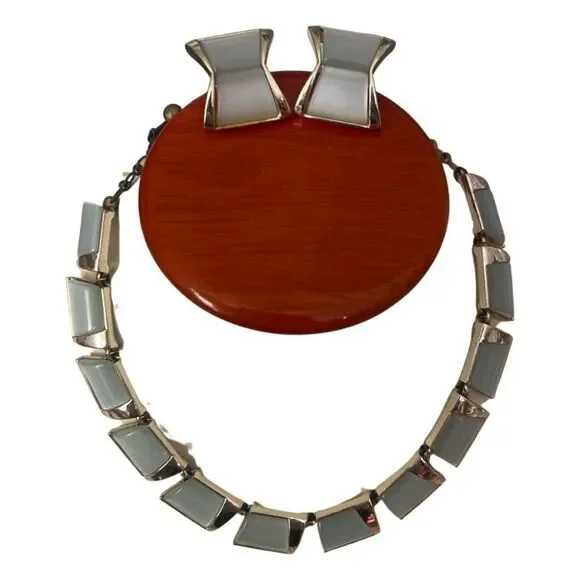 Vintage Charel Statement Necklace & Clip Earrings Set Jewelry White